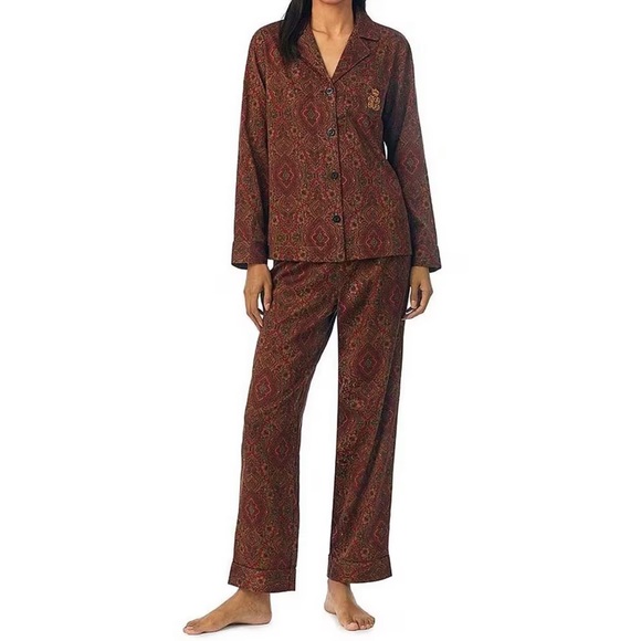 Lauren Ralph Lauren Long Sleeve Notch Collar Long Pant Sateen Paisley - Picture 1 of 3